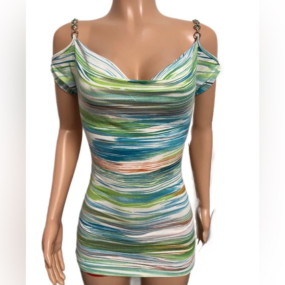 Sexy Blue Stripe Style banded Draped bust Green chain stones top Cold Shoulders